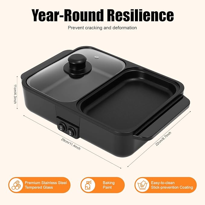 Electric Hot Pot with Grill 2 in 1 Korean BBQ Grill Indoor Cooking Electric Shabu Shabu Pot Indoor Smokeless Grill, Non-stick & Independent Dual Temperature Control (Black)