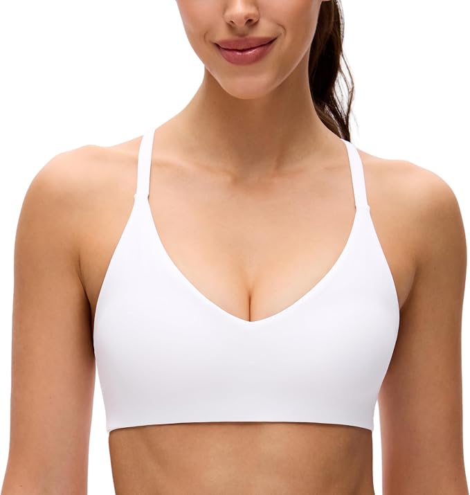 CRZ YOGA Butterluxe Low Coverage V Neck Sports Bras for Women - Spaghetti Straps Racerback Padded Yoga Top