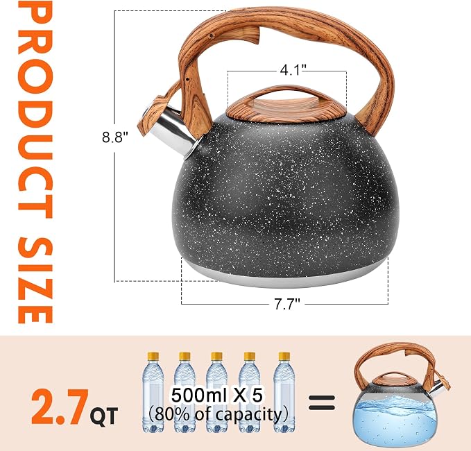GGC Tea Kettle for Stove Top, Loud Whistling Kettle for Boiling Water Coffee or Milk, 3.1 Quart Heavy Stainless Steel Starry Black Kettle with Wood Pattern Handle, Unique Button Control Kettle Outlet