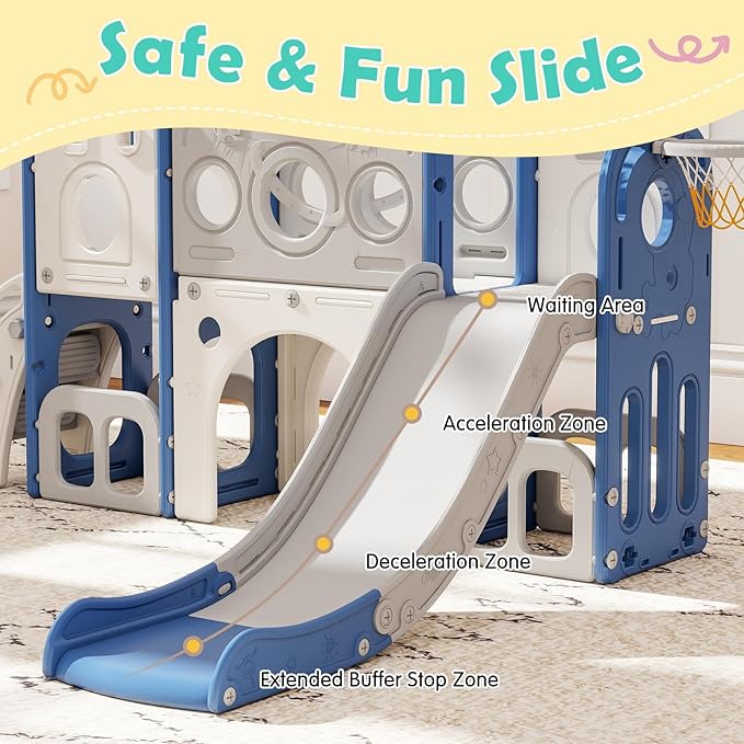 kinbor 8 in 1 Toddler Slide Set - Kids Slide with Basketball Hoop, Playset for Kids with Easy Climb Stairs & Storage, Toddler Indoor Outdoor Playground, Blue