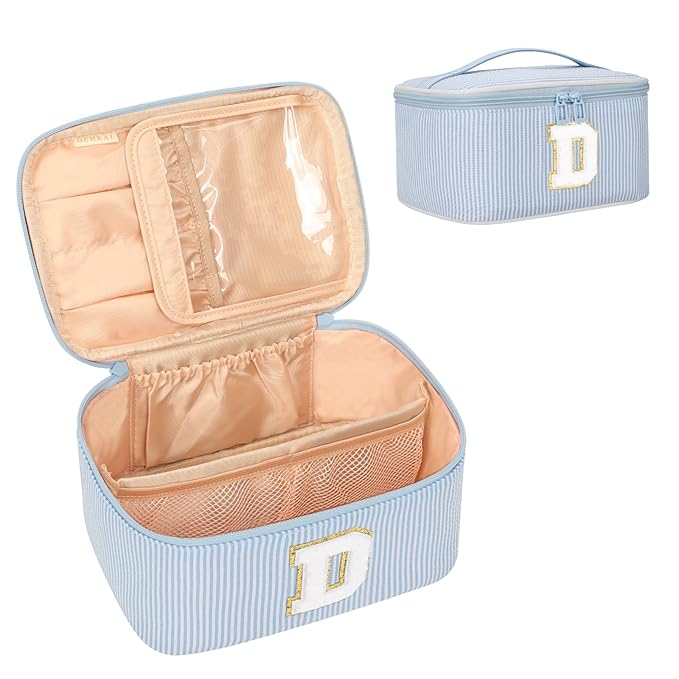 OCHEAL Makeup Bag Valentines Day Gifts for Women, Monogram Cosmetic Bag Blue Travel Makeup Case Beauty Toiletry Bag Organizer Personalized Gifts for Girls Bridesmaid, Sister, Wife, Friends Initial D
