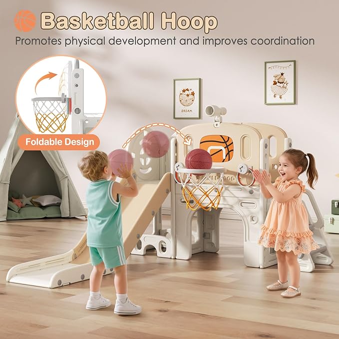 BIERUM 9 in 1 Toddler Slide Set, Baby Slide for Toddlers 1-3 with Ring Toss and Basketball Hoop, Indoor Outdoor Toddler Playset Playground Beige Coffee