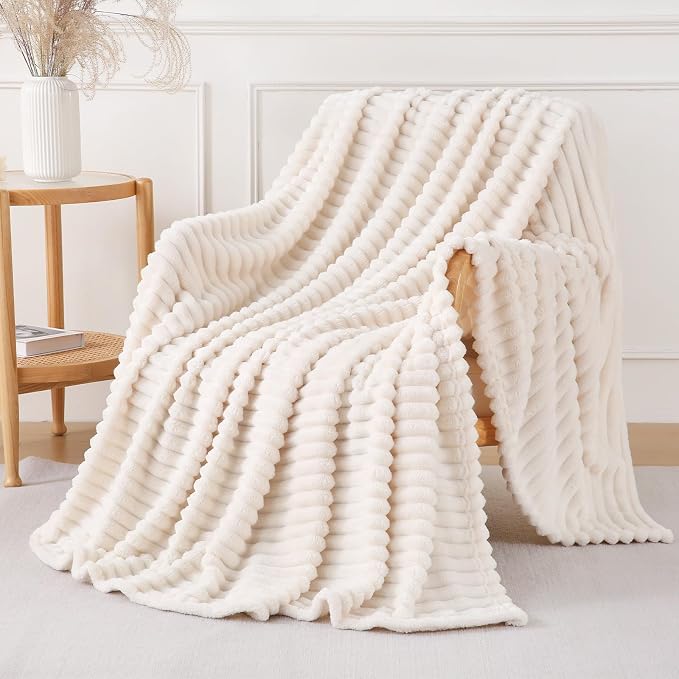 Cream White Throw Blanket for Couch Sofa 60x80 inches Striped Design | Fleece Blankets Room Home Decor Lightweight Plush Soft Cozy Gifts for Women Mom