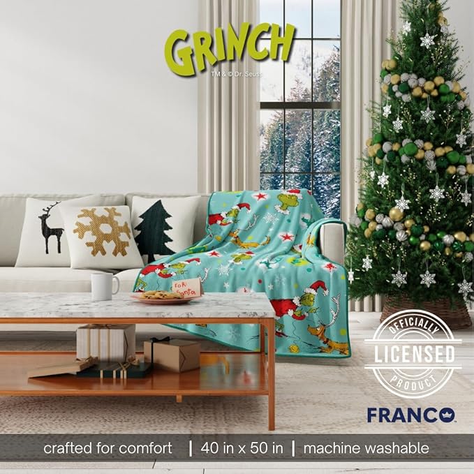 Franco Collectibles The Grinch by Dr. Seuss Holiday Christmas Super Soft Cozy Plush Throw, 40 in x 50 in, (Officially Licensed Product)