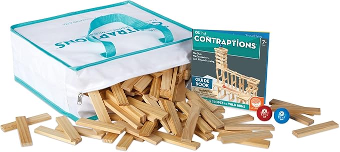 MindWare KEVA Contraptions, Wooden Blocks Building Set, Marble Run Kit, Includes 2 Balls - 400 Planks
