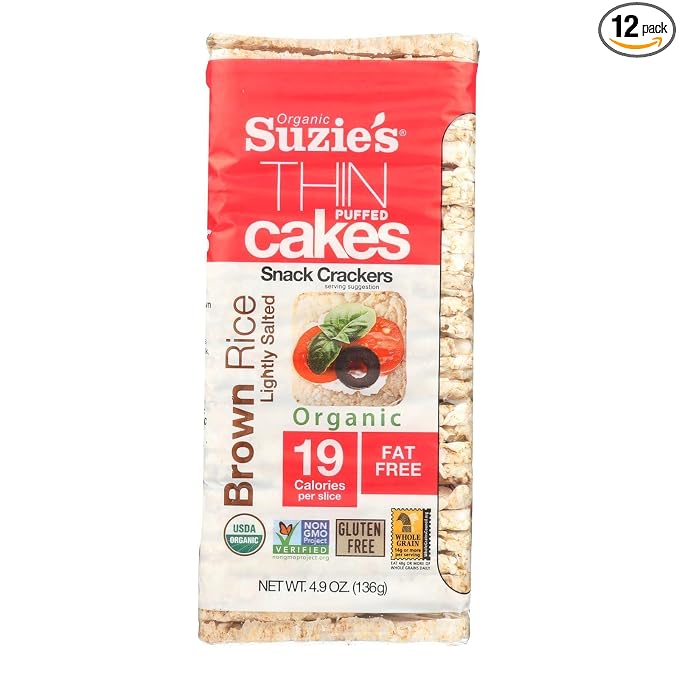Suzie's Organic Brown Rice Cake Thins|12 Pack|Lightly Salted Low Sodium|USDA Organic, NON-GMO, Fat-Free, Sugar-Free, Gluten-Free|Low-Calorie Snack-20 Calories Per Slice|Bread & Cracker Replacement