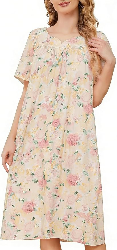 House Dresses for Women with Pockets Moo Moo Nightgown Short Sleeve Mumu Dress Lounge Dress S-3XL