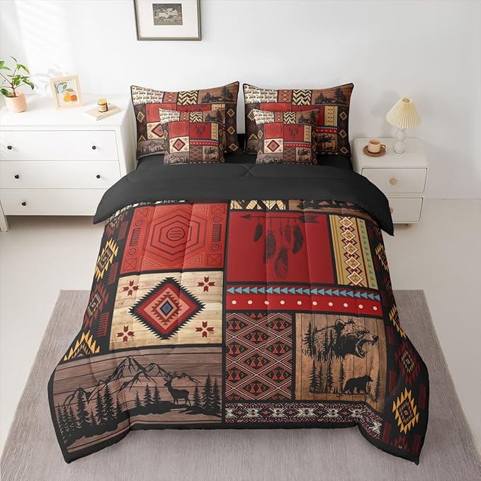 Feelyou Rustic Cabin Bear Comforter Set with Sheets 7 Piece King Size Farmhouse Hunting Deer Bed in a Bag Kids Boys Girls Retro Bohemian Bedding Set Buffalo Plaid Bedroom Decor Soft Microfiber