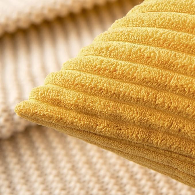 MIULEE Soft Corduroy Throw Pillow Covers Set of 2 12x12 Mustard Yellow | Decorative Striped Textured Cushion Cases, Boho Rustic Square Pillowcases, Home Decor for Couch Chair Sofa Bed Living Room