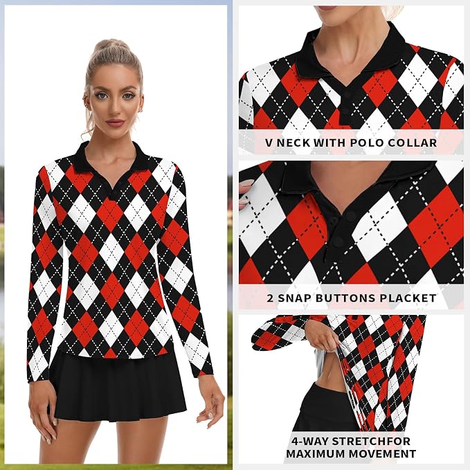 Soneven Womens Golf Shirts Moisture Wicking V Neck Long Sleeve Polo Shirts Collared Tops