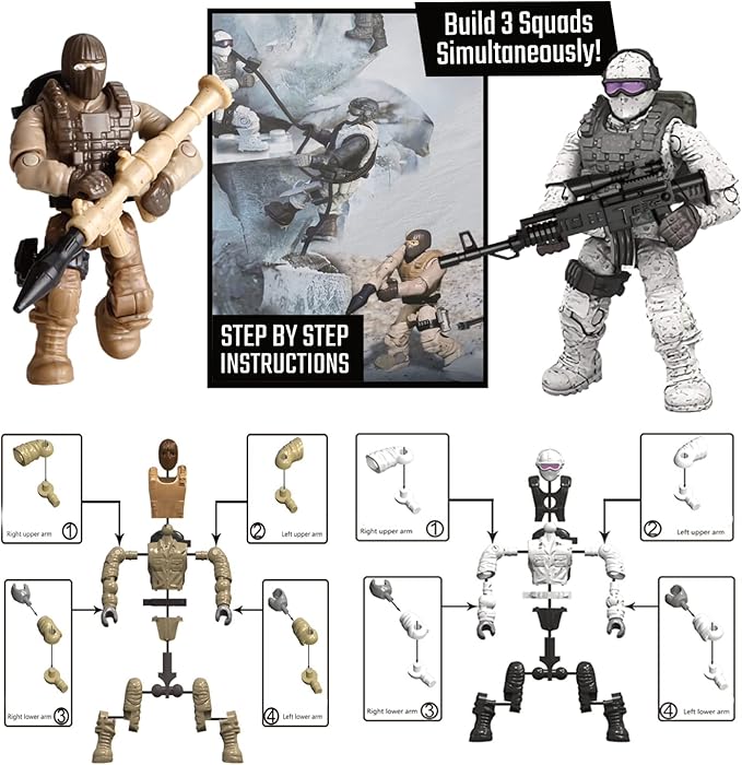 Special Forces Mini Action Figures Includes 3 Army Building Sets with 9 soldiers Arctic Troopers Snowmobile Scout Desert Squad Special Troops Toy Gifts 10+ Kids & parents - Quality Family Time 403 Pcs