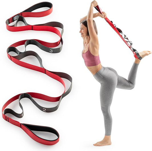 Sunny Health & Fitness Premium Yoga Stretch Strap with 8 Individual Grip Loops - 75" x 1.5" Durable Polyester Stretching Strap for Flexibility, Physical Therapy, Pilates, and Full Body Workouts