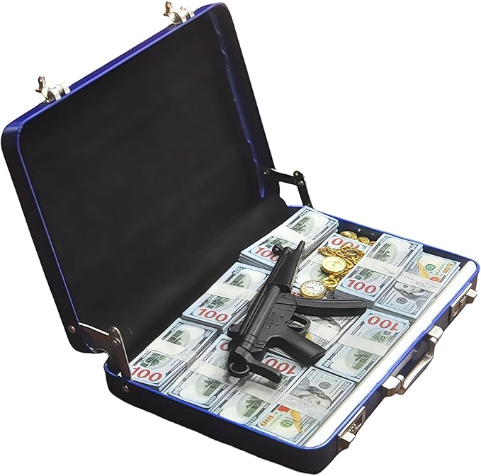 1:6 Scale Miniature Briefcase Set - Includes Fake Gold Bars, Bundles of $100 Mini Dollar Bills, Vintage Coins and Mini Weapons - Unique Adult NoveltyToy & Dollhouse Accessories (Blue)