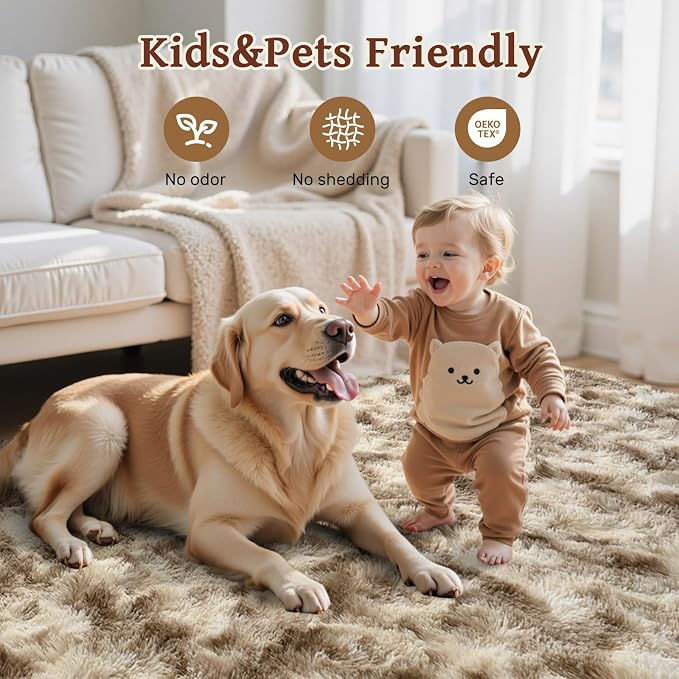 Area Rugs for Living Room 6x9Ft, Soft Fluffy Shagg Plush Bedroom Rug Non-Slip,Large Carpet for Nursery Kids Dorm Home Decor,Khaki