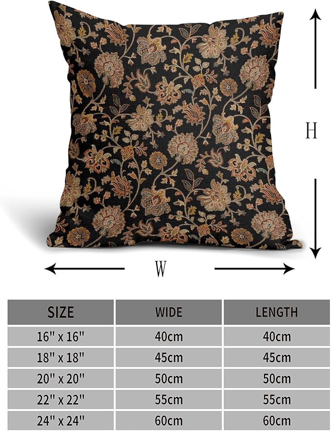 Black Brown Floral Pillow Covers 24X24 Inch Set of 2 Vintage Boho Carpet Flowers Decorative Pillow Cases Leaves Plant Cotton Linen Cushion Case Farmhouse Home Decor for Sofa Couch Living Room