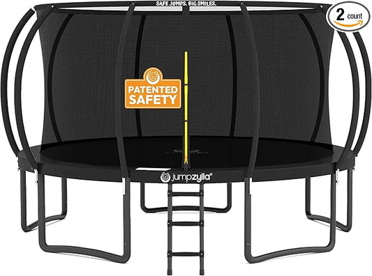 JUMPZYLLA Trampoline Outdoor 8FT 10FT 12FT 14FT 15FT 16FT with Enclosure and Ladder, ASTM Approved Recreational Trampoline for Kids and Adults, Anti-Rust Coated Frame