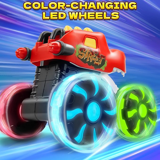 Red Chomping Dino Monster Truck Toy – Press and Go Car with LED Light Wheels – Light-Up Push Car for Toddlers Boys Girls Ages 2 3 4 5 – Dinosaur Toy with Moving Mouth Action