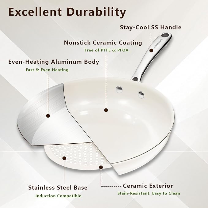 SAKAMOSH 9.5" Nonstick Ceramic Frying Pan, Non Toxic Pan, White | PTFE & PFAS & PFOA Free Ceramic Coating, Dishwasher/Oven Safe, Induction Compatible, Suitable for all Stovetops, Lightweight