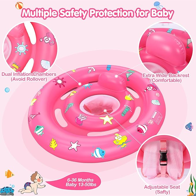 Baby Pool Float with Canopy, Inflatable Baby Swim Float with UPF50+ Sun Protection, Toddler Infant Pool Float with Toy Play Console Adjustable Safety Seat for Kids Girls Boys Aged 6-36 Months