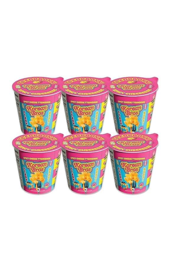 Korean Bros Spicy Cheese Tteokbokki Cups (6 Pack) - Instant Tteokbokki Rice Cakes, Korean Street-Style Snack or Meal