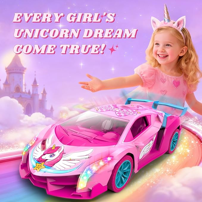 Unicorn RC Car for Girls, Rainbow Glow & Drift Wing Remote Control Car,2.4GHz RC Cars 1:18 Scale,Kids Toys Age 3 4 5 6 7 8 9 10 11 12,Girls Birthday Gifts,Christmas Basket Stuffers for Kids Age 3-12