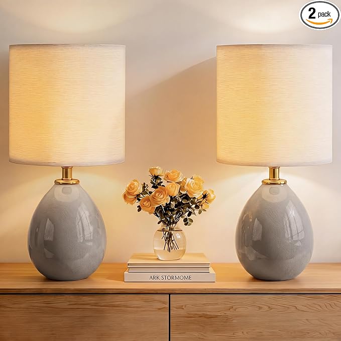 Dawnwake 18.5" Table Lamp Set of 2 for Living Room Bedroom, Bedside Lamps for Night Stands, Desk Nightstand Lamp Dimmable, Modern Linen Cream Ceramic Lamps (Grey)