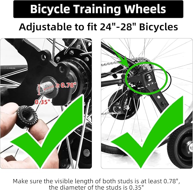 Adjustable Bicycle Training Wheels for Adults, Fit 24" to 28" Bikes, Steel Construction, Black, 1 Pair - Safe and Stable Learning Training Wheels