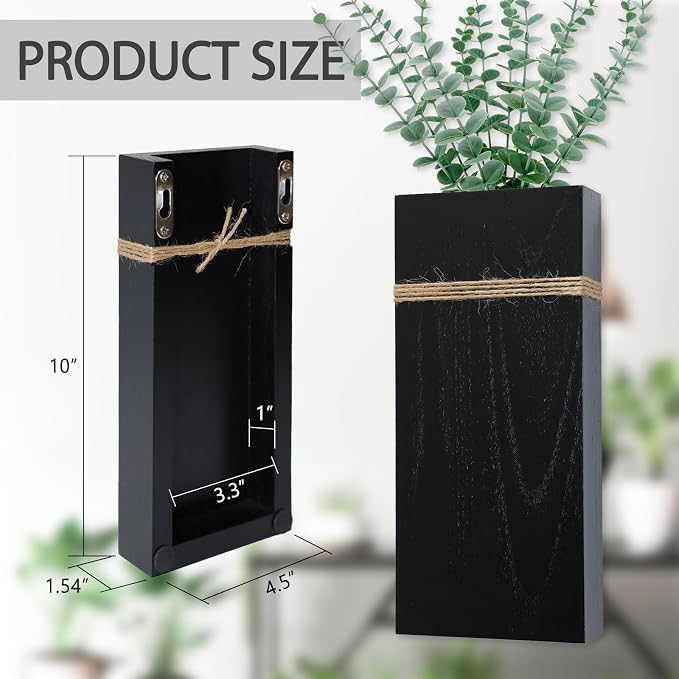 Wall Planters for Indoor Plants-2 Pack Wood Wall Vases for Dried Flowers & Artificial Plants Modern Farmhouse Wooden Vase for Living Room Bedroom Kitchen Decorations - Black Large