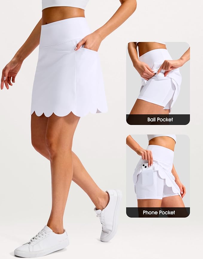 16" Skorts for Women with 4 Pockets High Waisted Scalloped Hem Athletic Tennis Skirt Golf Skort Dressy Casual