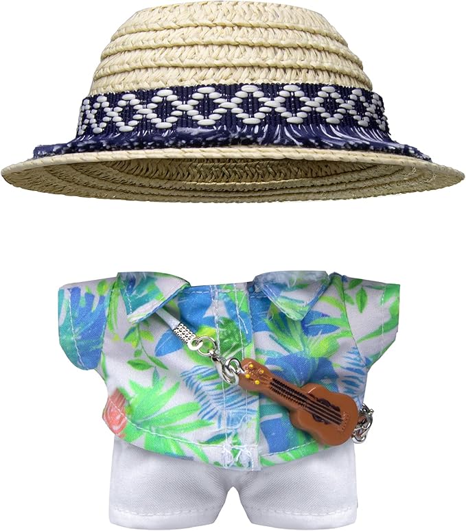 Clothes for 6.7in/17cm Doll, 4-Piece Set Summer Vacation Style Outfit for 6.7in/17cm Dolls, Doll Clothes Set，Includes Hat, Short-Sleeve Shirt, Pants and Miniature Guitar (SV-01)