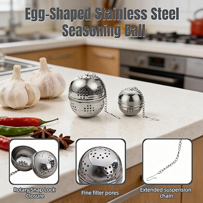 2Pcs Stainless Steel Tea Infuser Ball, Fine Mesh Spice Strainer for Loose Leaf Tea & Cooking, Rotating Lock Leak-Proof, Long Chain Hook for Soup Broth Filter
