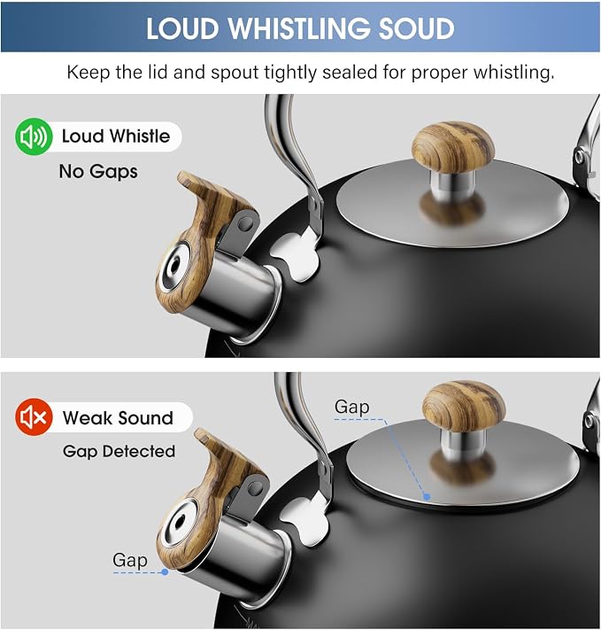 2.6 Quart Whistling Tea Kettle for Stovetop, Black | Food Grade Stainless Steel with Cool Wood Pattern Handle, Induction Compatible