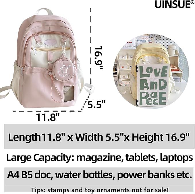 Kawaii Backpack Double Shoulder Bag with Cute Star Removable Pouch Small Clear Front Pocket Large Capacity Fits 16" Laptop Dopamine Colors Daypack (Pink)