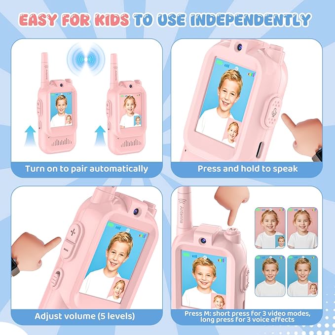 Video Walkie Talkie for Kids - 2 Pack Rechargeable Kids Walkie Talkies Long Range Radios, Camera Facetime Walkie Talkie, Easter Birthday Gifts for Girls, Toys for Age 3-12, Indoor Outdoor Travel