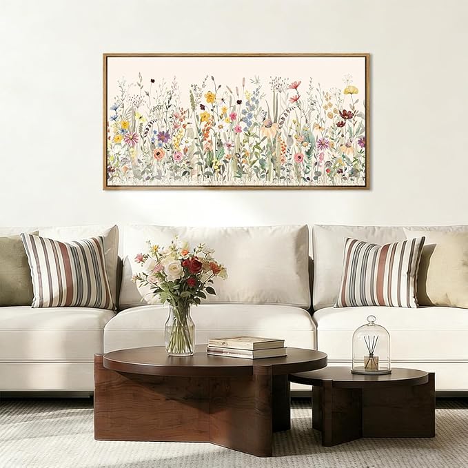 Large Floral Wall Art Decor Framed Colorful Wildflower Painting Pictures for Living Room Bedroom 40x20 Inches