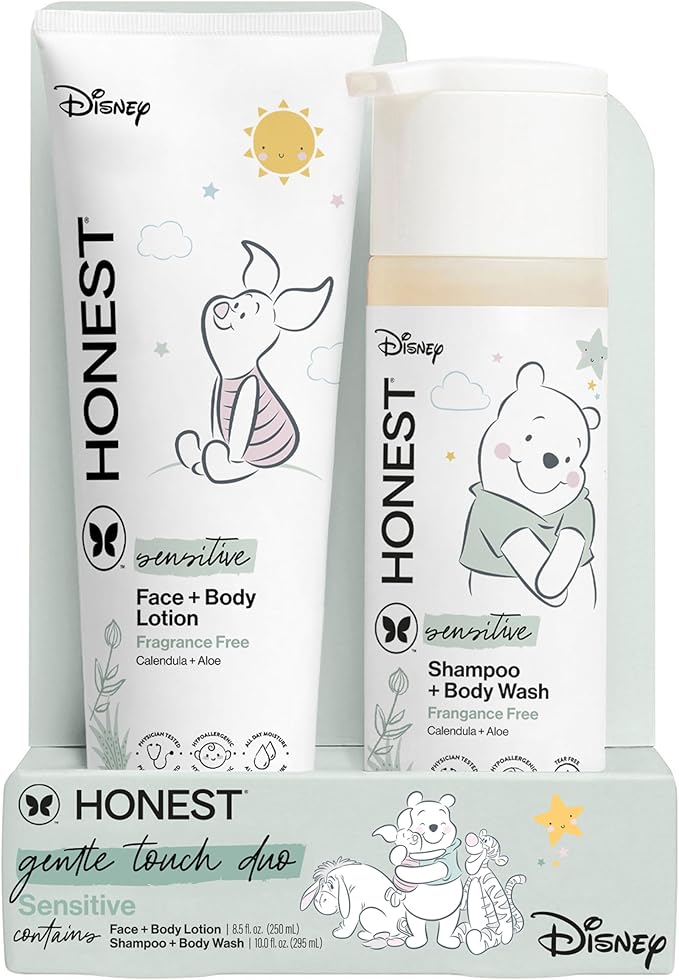 The Honest Company 2-in-1 Cleansing Shampoo and Body Wash, Face Lotion Bundle, Disney Design, Gentle for Baby, Dermatologist Tested, Sensitive Fragrance-Free, 18.5 fl oz