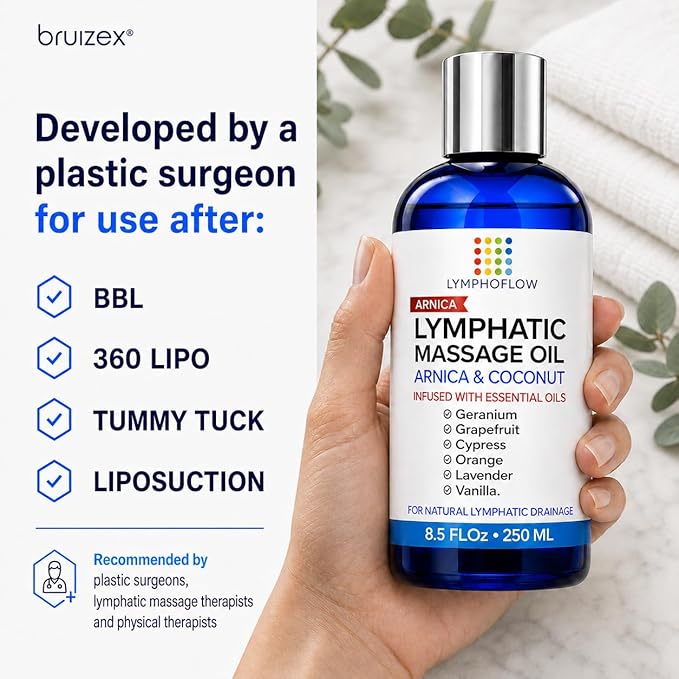 Lymphatic Drainage Massage Oil for Massage Therapy - Arnica Oil & Coconut for Post Surgery Recovery & Lymphatic Drainage Massager, Liposuction, 360 Lipo, BBL, Tummy Tuck Procedure,Moisturizing -8.5 Oz