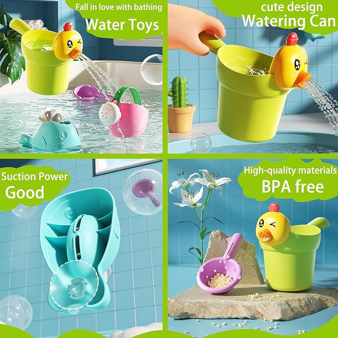 Bath Toys for Toddlers 1-3, NO Hole 4pcs Toddler Bath Toy for 1 2 3 Duck Watering Can Outdoor Garden Beach Water Pool Toys for Baby Toddler Age 1-4 Water Table Toy for Kids 2-4 Bathtub Gift