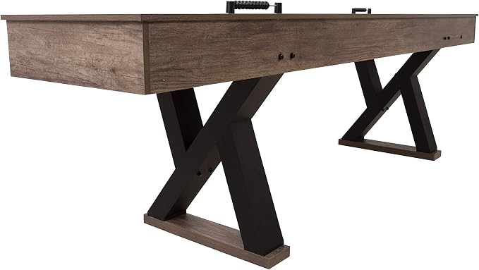 American Legend Kirkwood 9’ Shuffleboard Table with LED Rails, Bowling Game Set, Rustic Wood Finish & Accessories Included