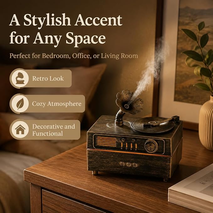 Vintage Gramophone Humidifier, 160ML Aroma Diffuser with Colorful LED Light, Remote Control, Auto Shut-Off, 3 Timer Settings, Essential Oil Diffuser for Bedroom, Office, Home Decor