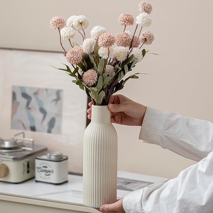 Modern Ceramic Vases Set of 3, Beige Ribbed Decorative Vases, Table Centerpiece for Home Decor (Beige)