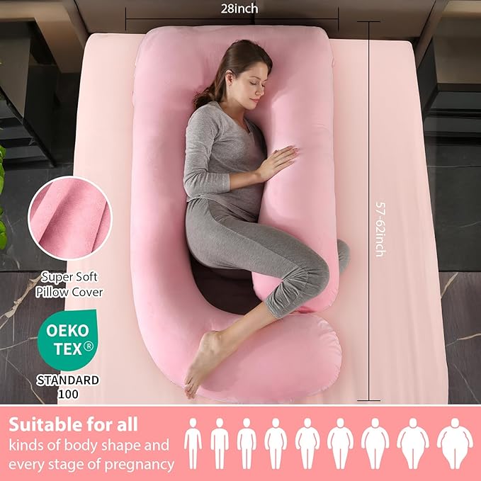 BATTOP Pregnancy Pillows for Sleeping- U Shaped Full Body Maternity Pillow, Pregnancy Pillow for Side Sleepers with Removable Cover, Supports Back, Hips, Belly & Legs (Pale Pink)