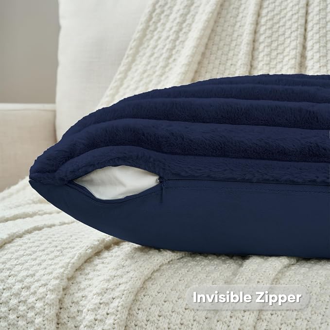 FUTEI Pack of 2 Faux Fur Throw Pillow Covers 20x20 Inch, Dark Navy | Fluffy Faux Rabbit Fur Front/Premium Velvet Back,Hidden Zipper,Machine Washable,Non-Shedding,Colorfast,Insert Not Included.