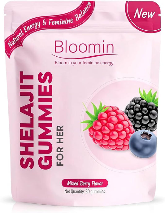 Bloomin Shilajit Gummies for Women - Feminine Wellness Supplement with Natural Energy & Daily Balance, Mixed Berry Flavor, Daily Herbal Gummies for Women - 30 Count