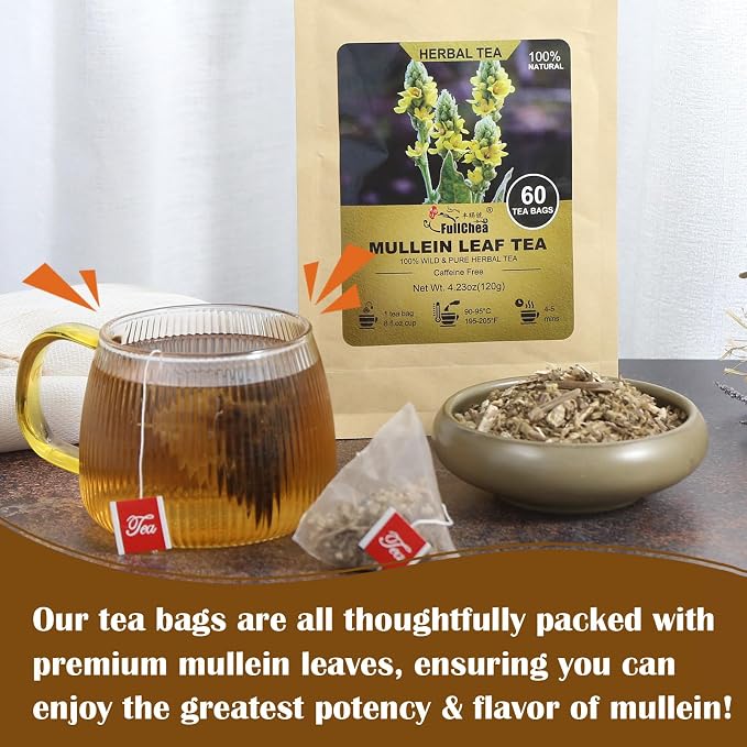 FullChea - Mullein Leaf Tea Bags, 60 Teabags, 2g/bag - Premium Dried Mullein Herbs For Detox & Respiratory Support - Non-GMO - Caffeine-free - Natural Healthy Herbal Tea