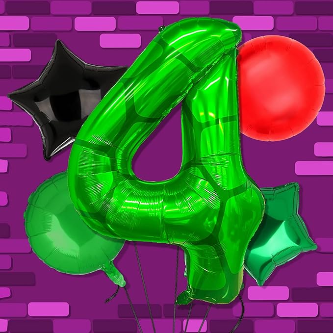 5Pcs Cartoon Turtle Theme Birthday Decorations 40 Inch Number 4 Foil Balloons Super Green Turtle Themed Hero Large Mylar 4th Number Balloon Video Game Pizza Balloons Party Favors Red
