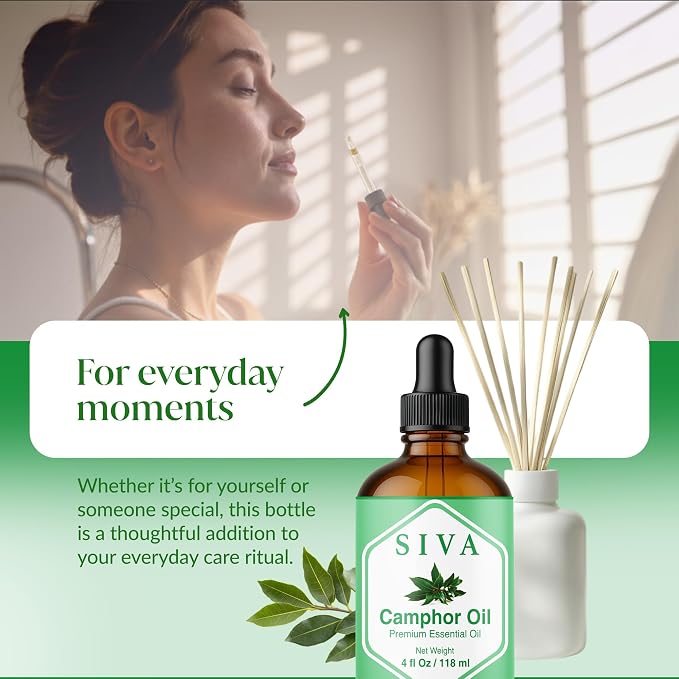 Siva Camphor Essential Oil 4 Fl Oz – for Diffuser, Skin & Hair Care – Ideal for Massage & DIY Blends- with Dropper