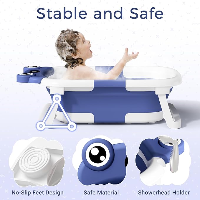 BUNWAG Baby Bathtub, Collapsible Newborn Bathtub for Infant to Toddler with Soft Cushion and Thermometer, Travel Newborn Tub with No-Slip Feet, Baby Shower Gifts, 0-12 Months Baby Bath, Navy Blue