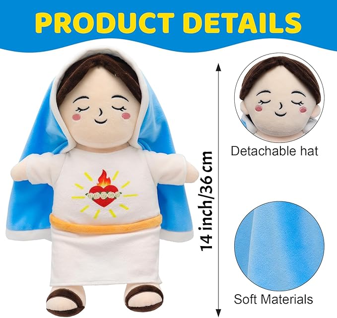 Breathing Plush Virgin Mary Doll Soothing Guardian Angel with Light & Sound,Baptism plushie Toy Gifts for Kids for Christening Religious Easter