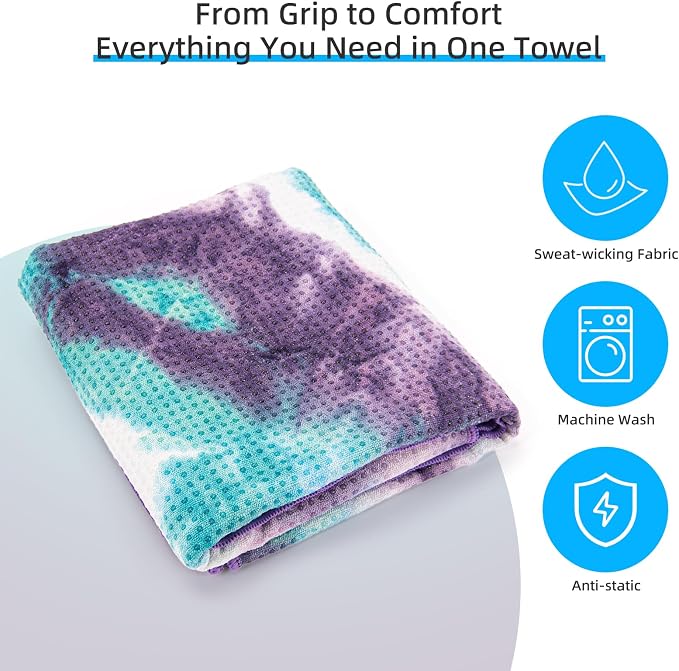 YESLIFE Non-Slip Extra Thick Hot Yoga Towel with One Sweat Towel, Microfiber Sweat Absorbent Yoga Mat Towel with Grip Dot, Pilates Mat, 72" x 24", Green&Purple